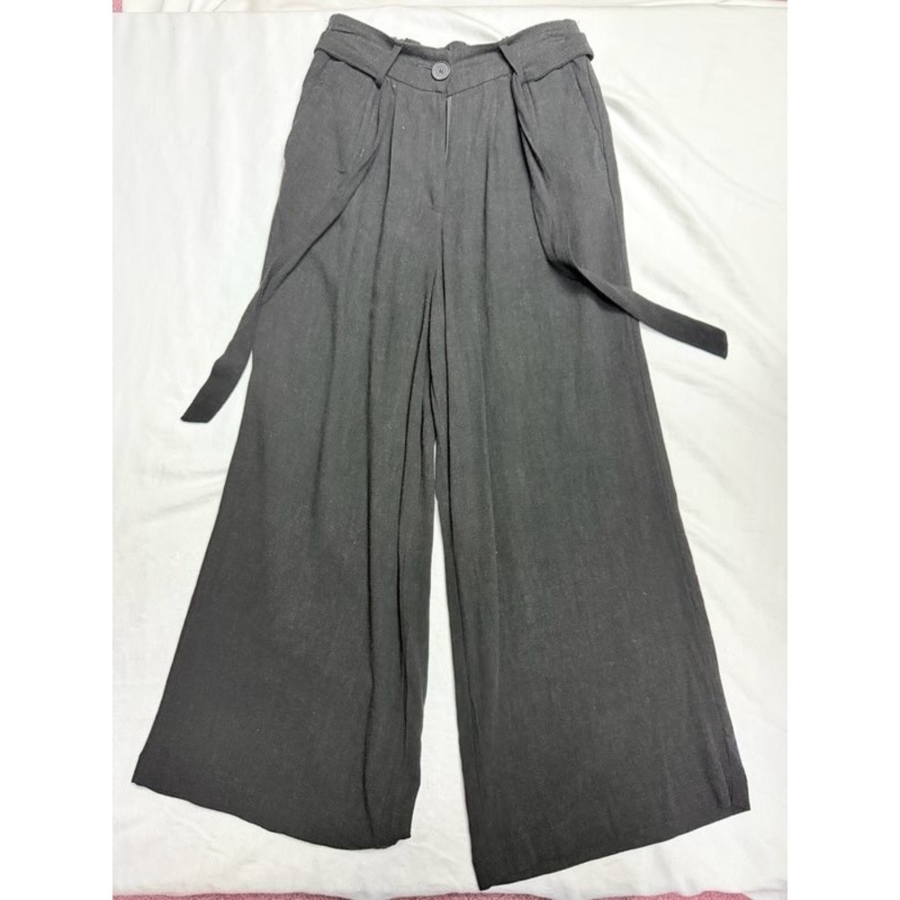 F&F Black Linen Blend Wide Leg Pleated Trousers High Rise Size UK 8 US 4